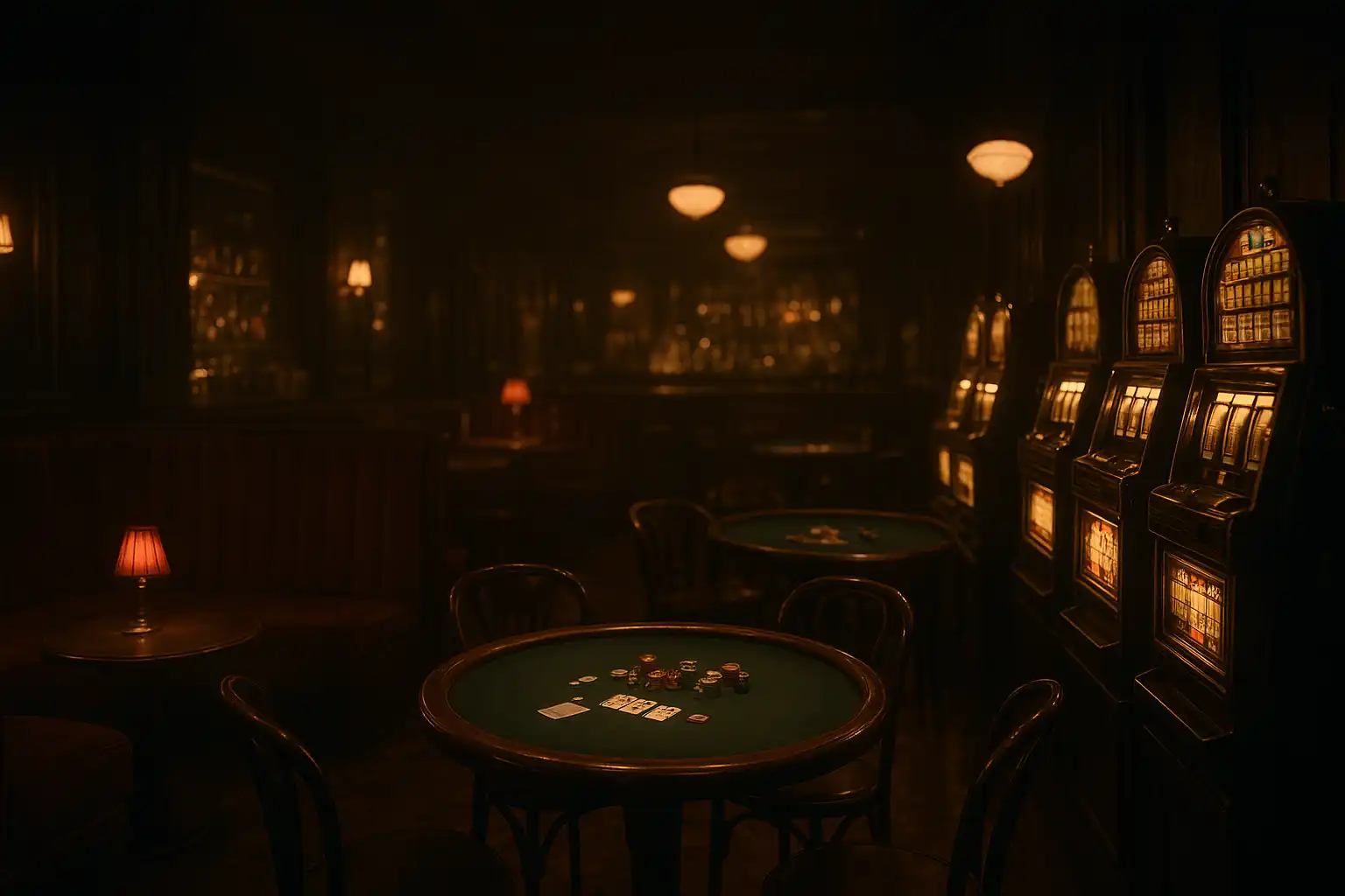 Vintage speakeasy lounge with poker tables and amber lighting