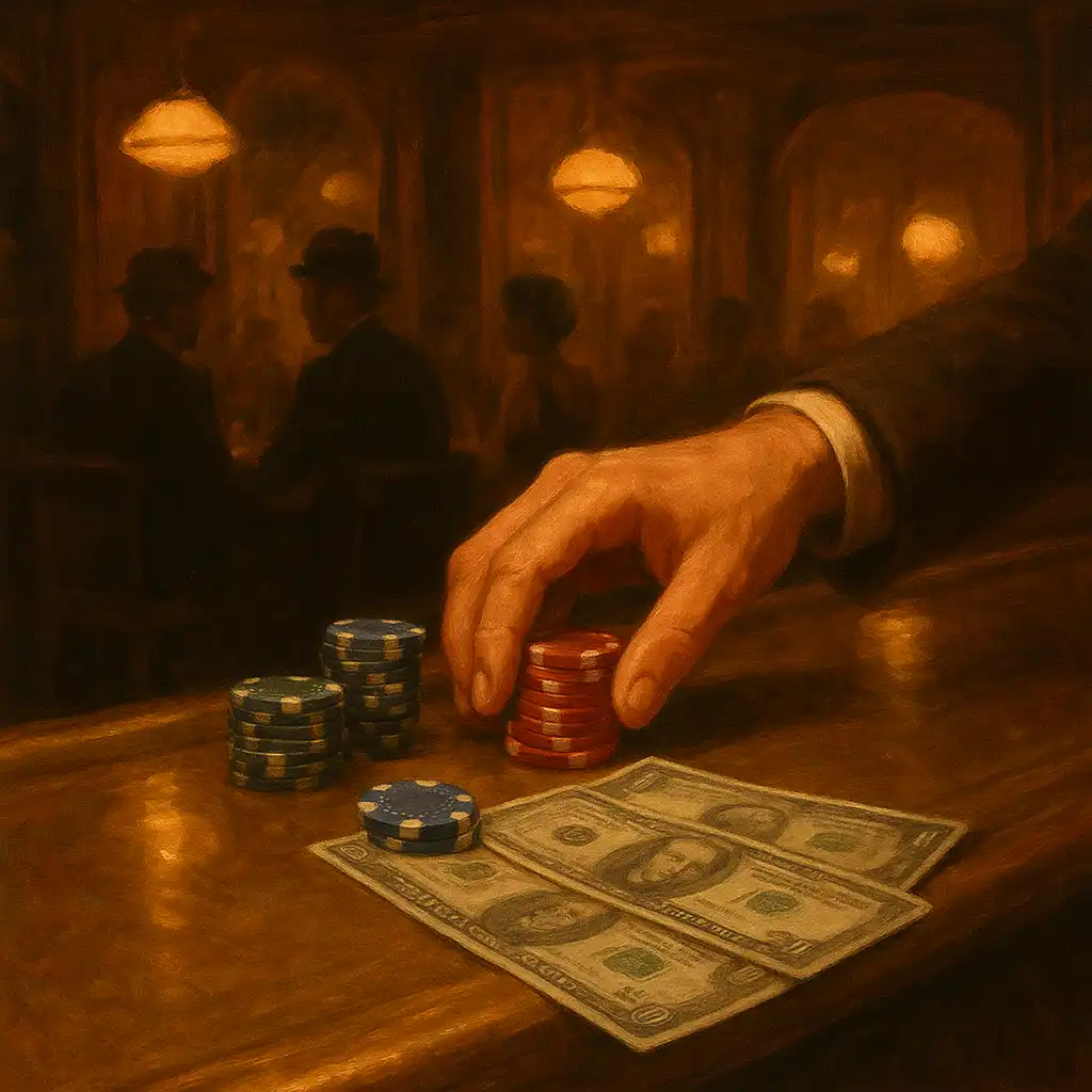 Hand placing chips and cash on a brass bar counter